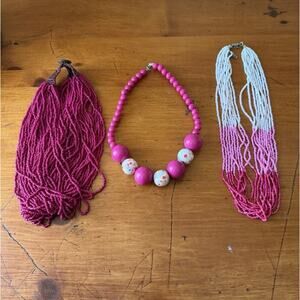 Hot Pink Beaded Necklace Bundle Boho Statement Multi Strand Chunky Summer